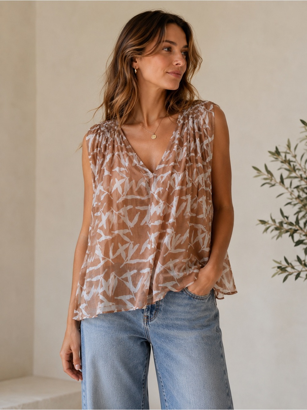 MIRTH Handmade Edition Cotton & Silk Abstract Print V-Neck Blouse Tan White